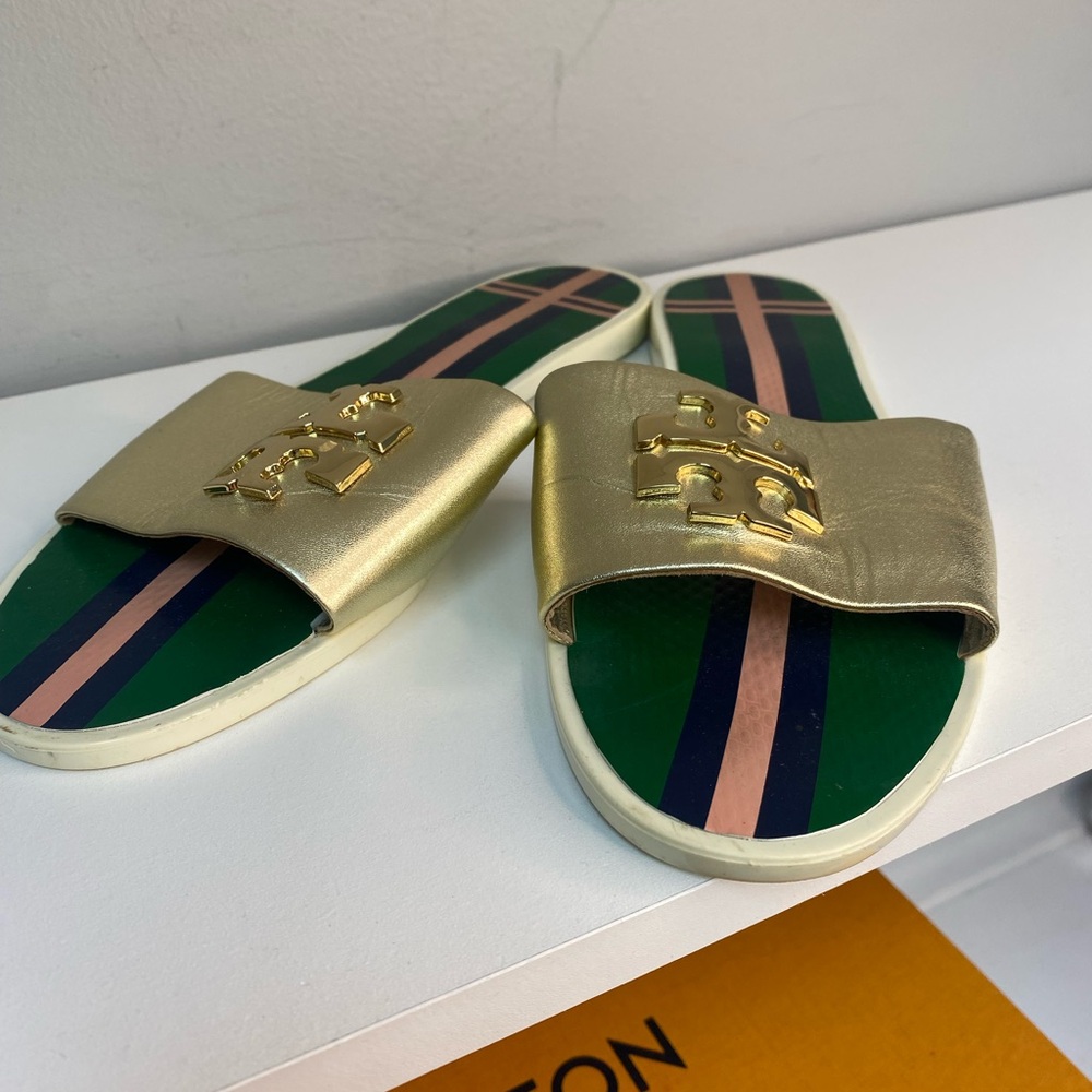 Designer Tory Burch Slides Gold and Green leather Slides Size 8
